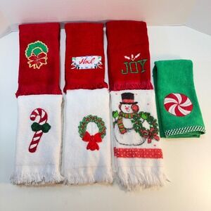 Cannon Christmas Hand Towels Set 7 Red White Green Vintage Embroidered Fringe